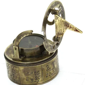 Vintage Brass Drum Sundial Compass with Leather Cover