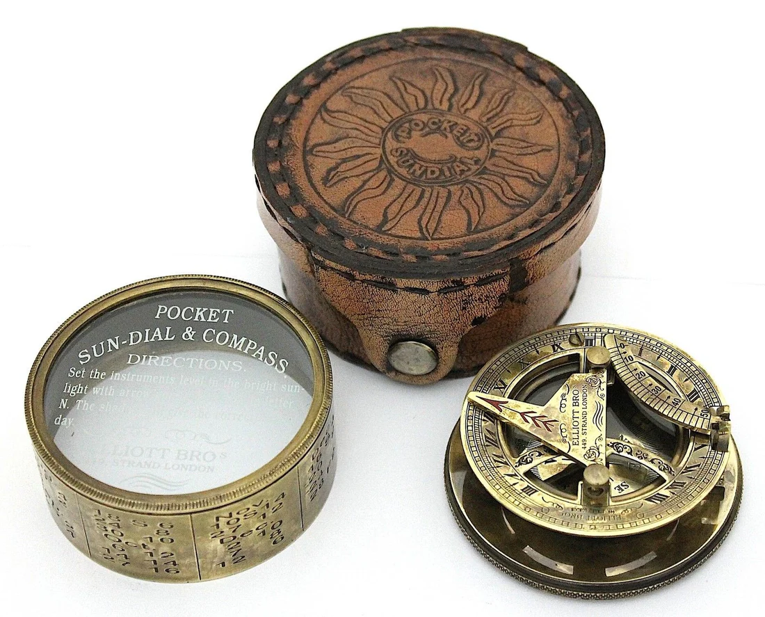 Vintage Brass Drum Sundial Compass with Leather Cover - Image 2