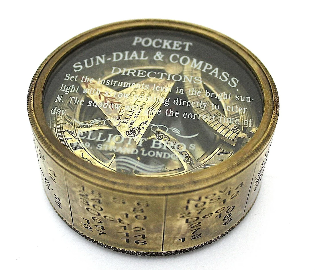 Vintage Brass Drum Sundial Compass with Leather Cover - Image 3