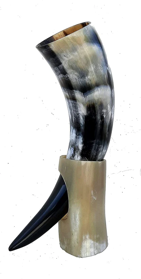 Viking Drinking Horn Tankard with Stand & Leather Holder