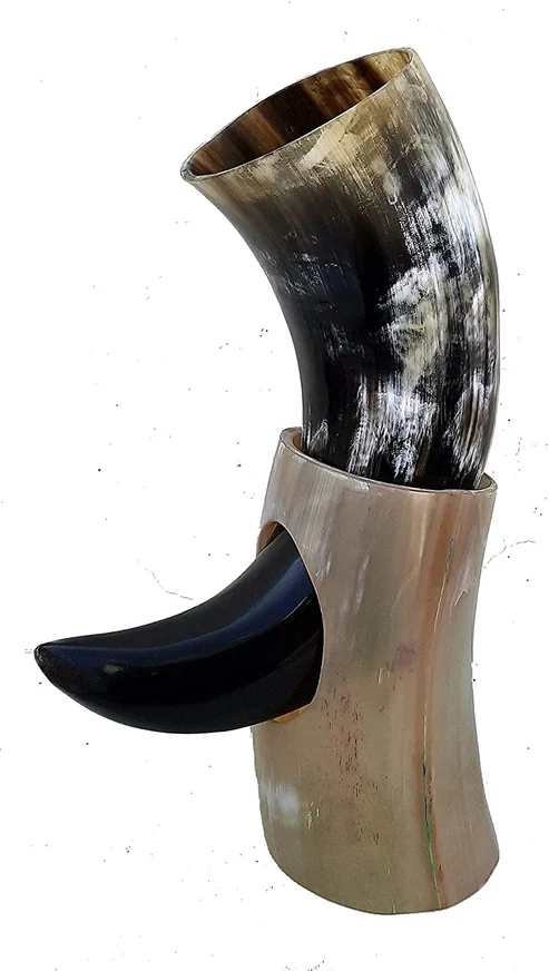 Viking Drinking Horn Tankard with Stand & Leather Holder - Image 2